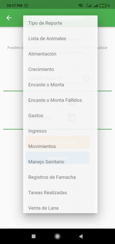 pantalla de reportes de OvinApp Excel