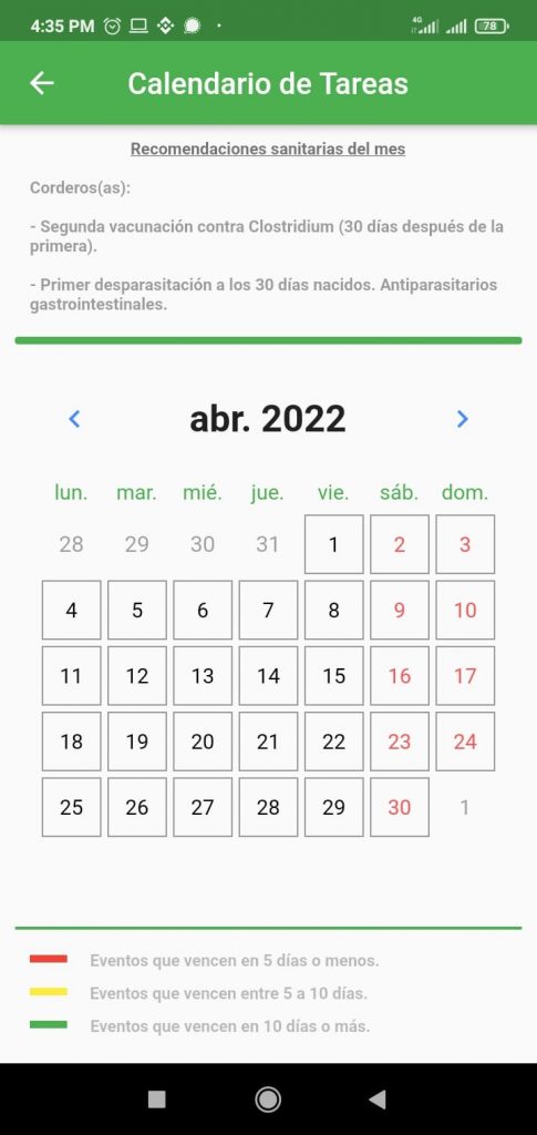 calendario de tareas para ovinos usando ovinapp software