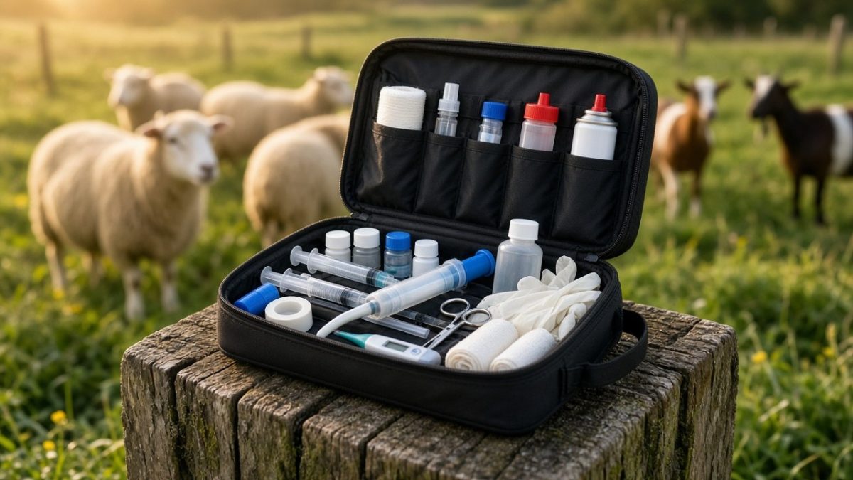 Botiquín veterinario básico abierto con jeringas y material de curación en un campo con ovejas y cabras
