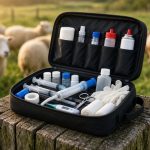 Botiquín veterinario básico abierto con jeringas y material de curación en un campo con ovejas y cabras