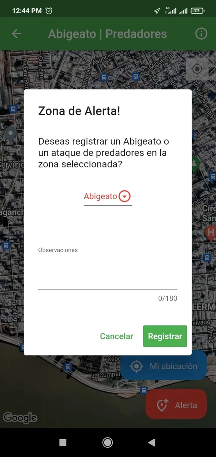 Formulario de la Zona de alerta para registrar un abigeato o ataque de predadores