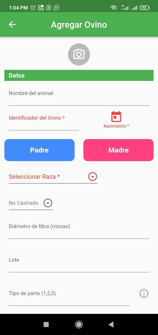 Formulario Agregar ovino en OvinApp con nombre, identificador, padre, madre y raza
