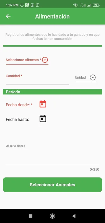 Formulario de Alimentación de OvinApp con alimento, cantidad y fechas