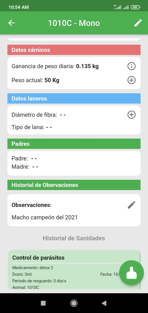 Ficha de un animal en OvinApp con la ganancia de peso diaria y el peso actual